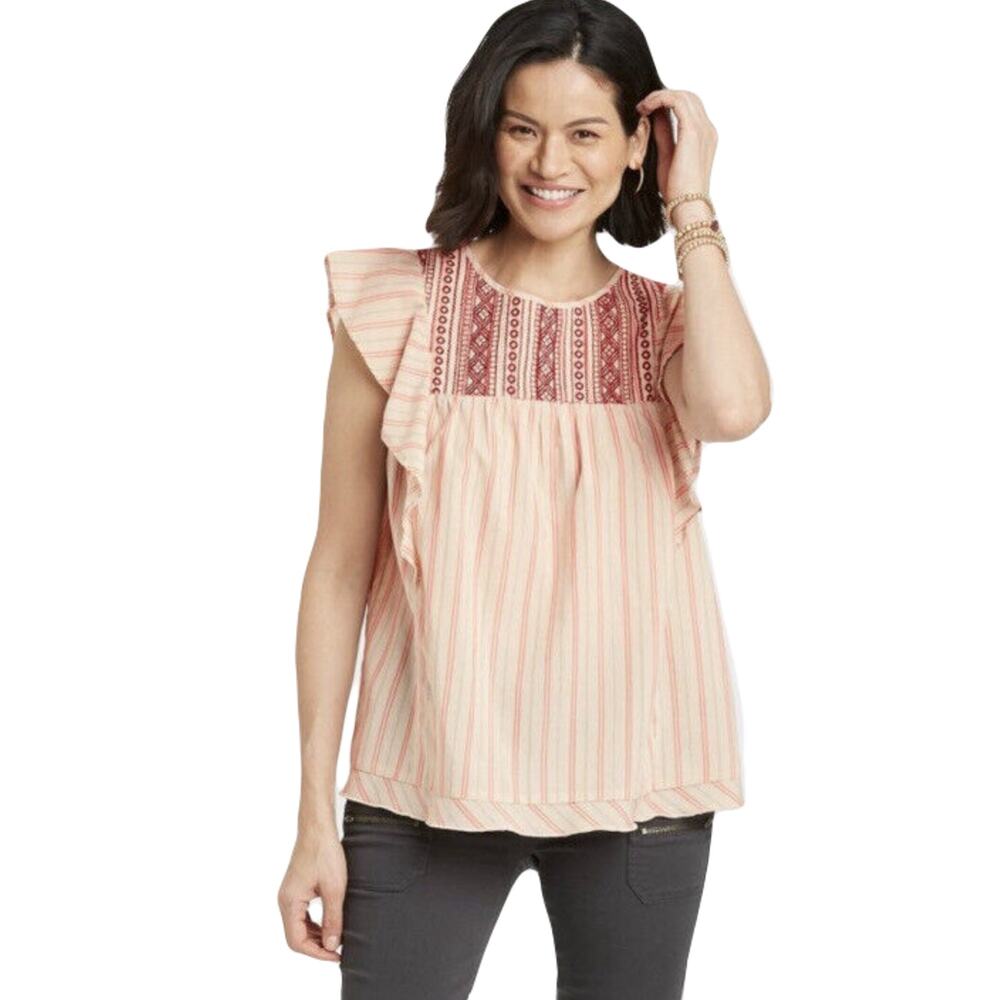 NWOT KNOX ROSE Top XL Embroidery Stripe Flutter Short Sleeve Flounce Hem Pink